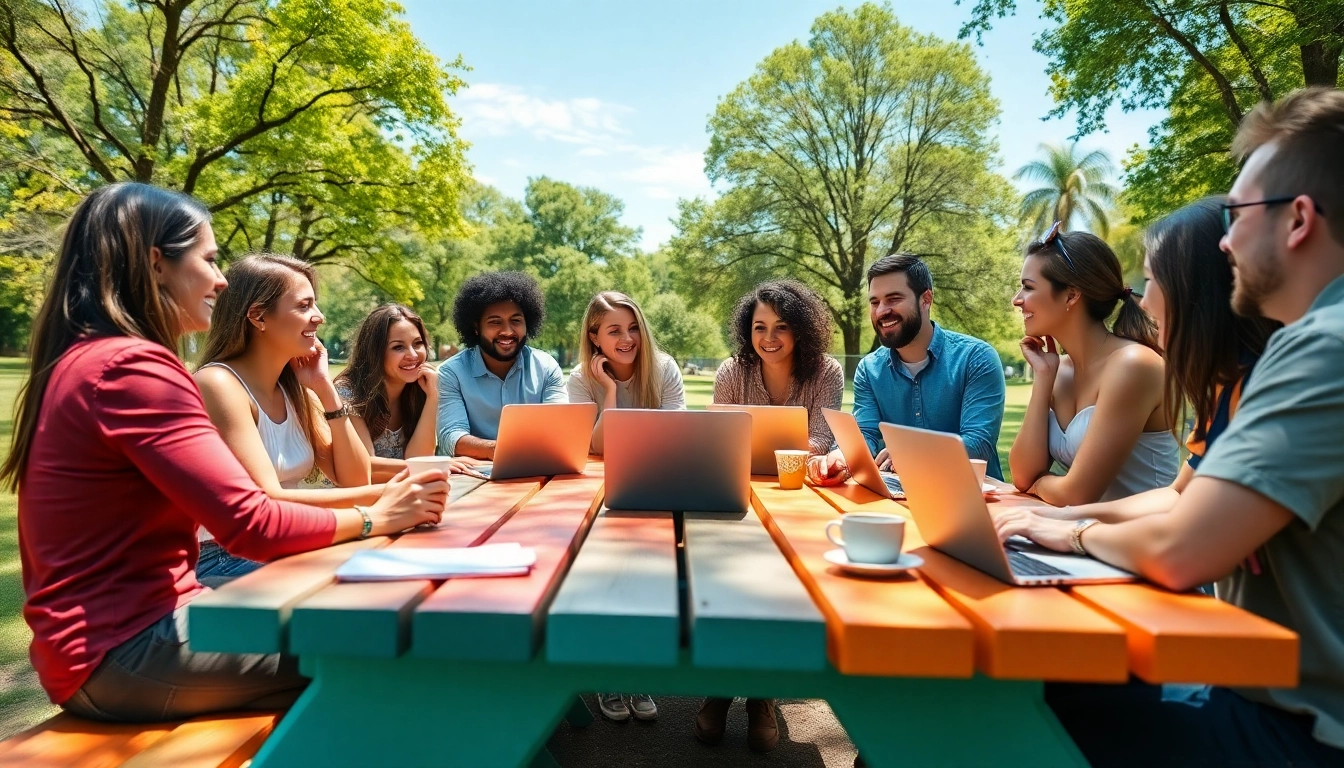 Engaged hosts sharing experiences at an airbnb host forum in a sunny park.