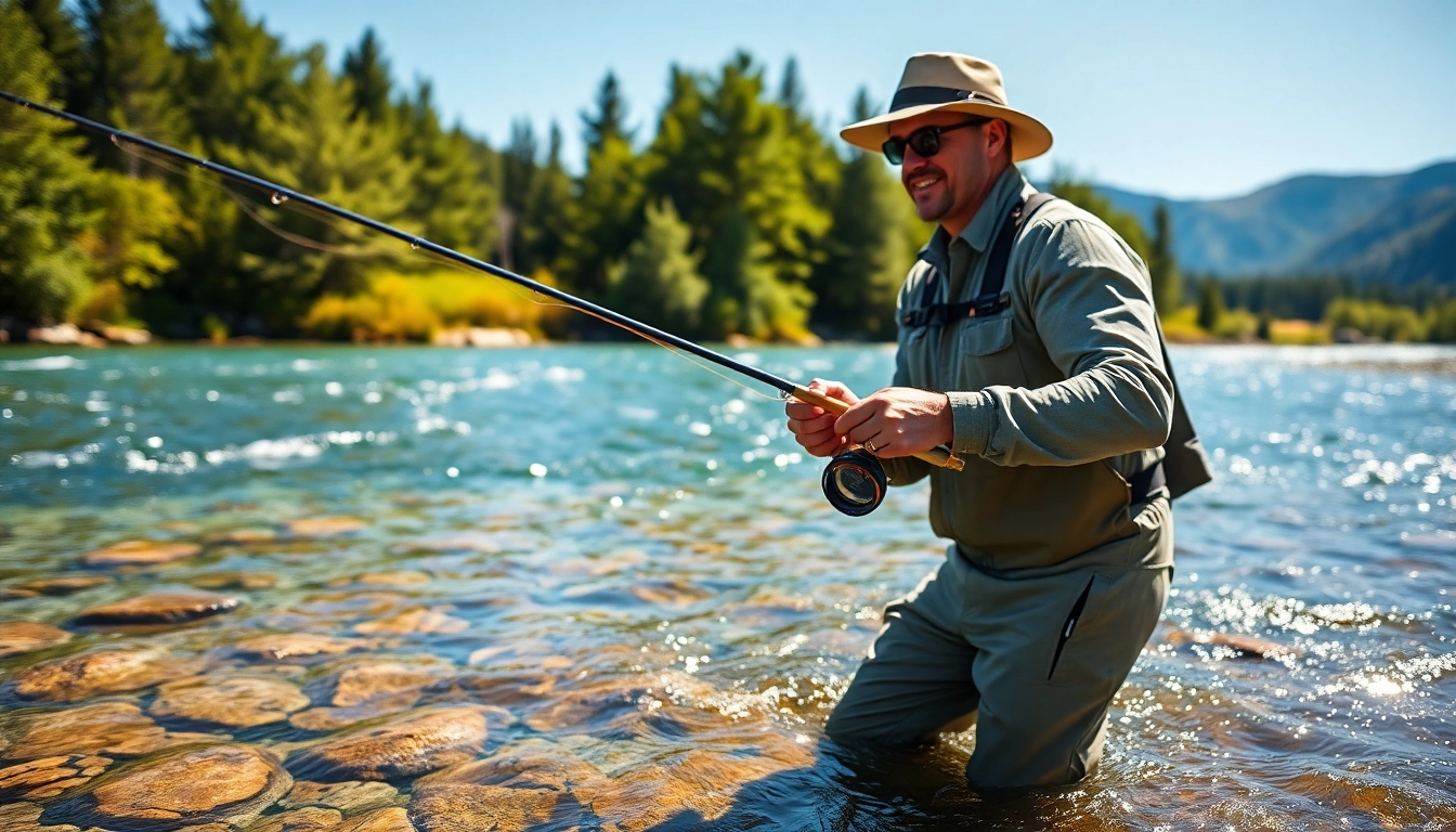 Engaged angler in fly fishing apparel, showcasing stylish outdoor gear during fishing.