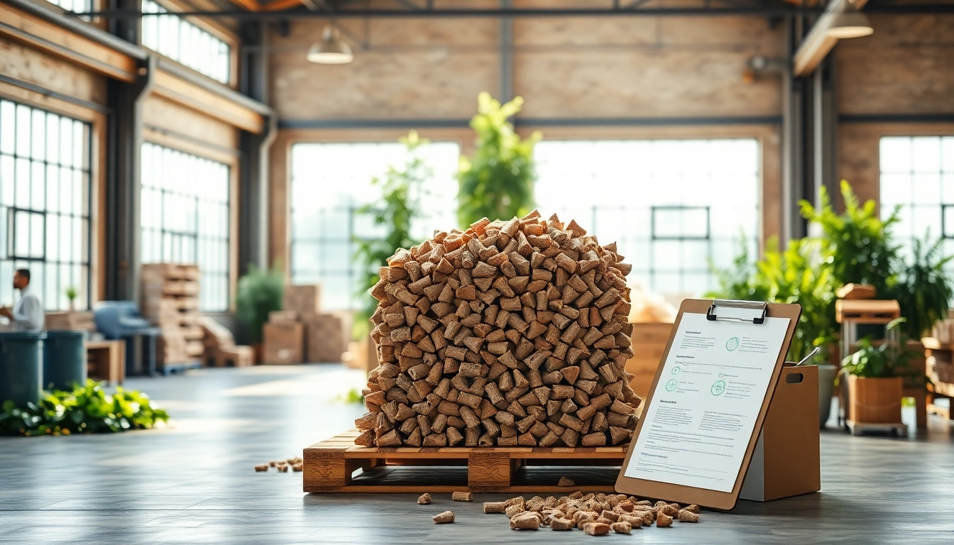 Promote Sustainable wood pellets Europe with eco-friendly wood pellet stacks in an industrial setting.