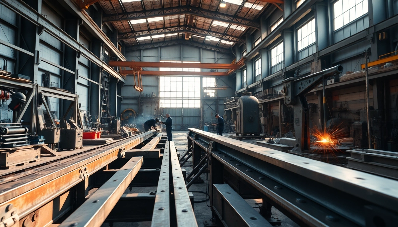 Workers in a steel fabrication shop creating custom metal designs with precision tools.