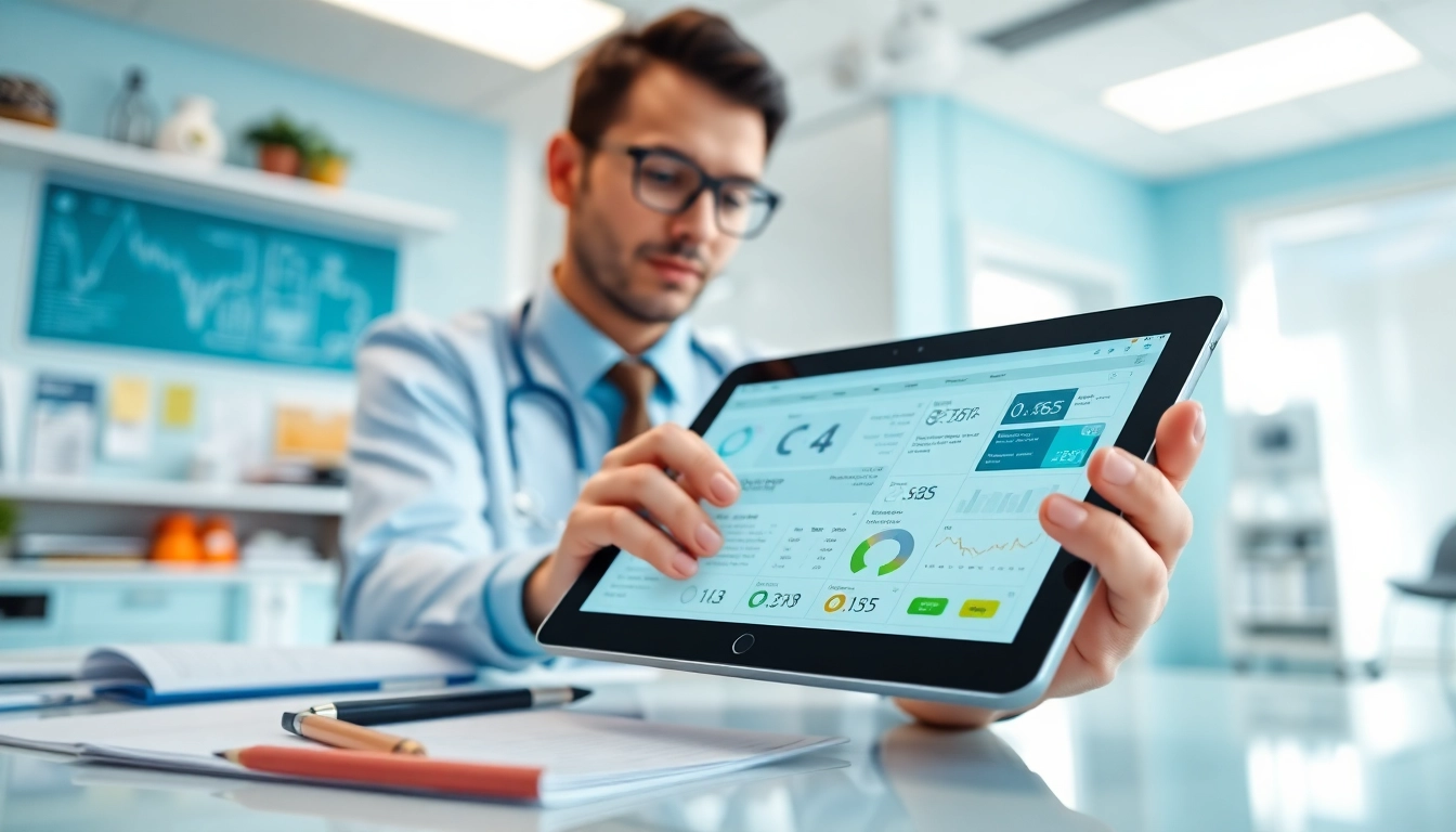 Visualize eprescription app development featuring a developer interacting with a tablet in a healthcare environment.