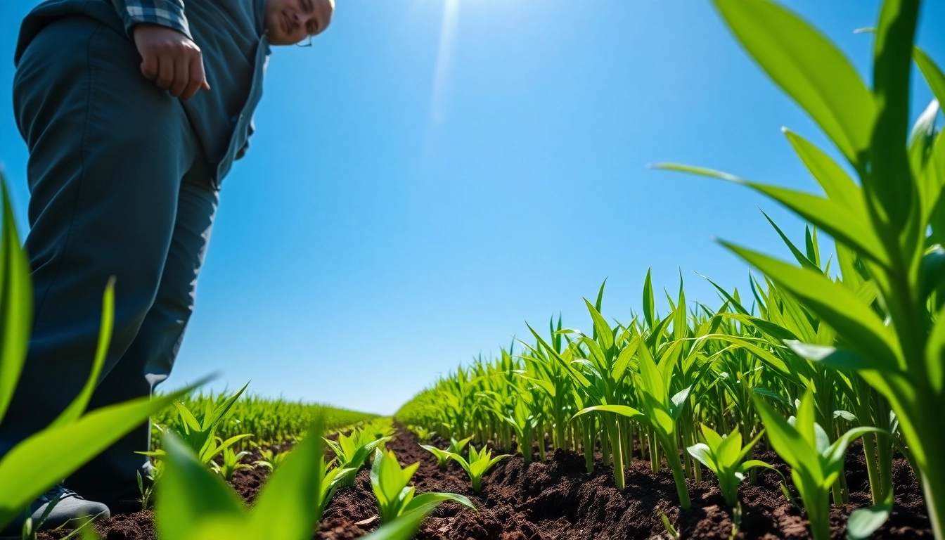 Explore agriculture law as a farmer inspects thriving crops in a lush field.