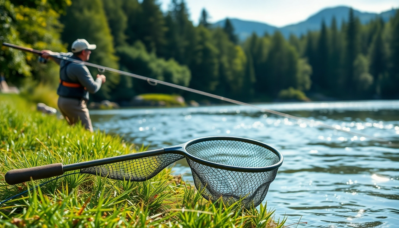Catch a stunning fly fishing net beside a serene river scene capturing the essence of fly fishing.