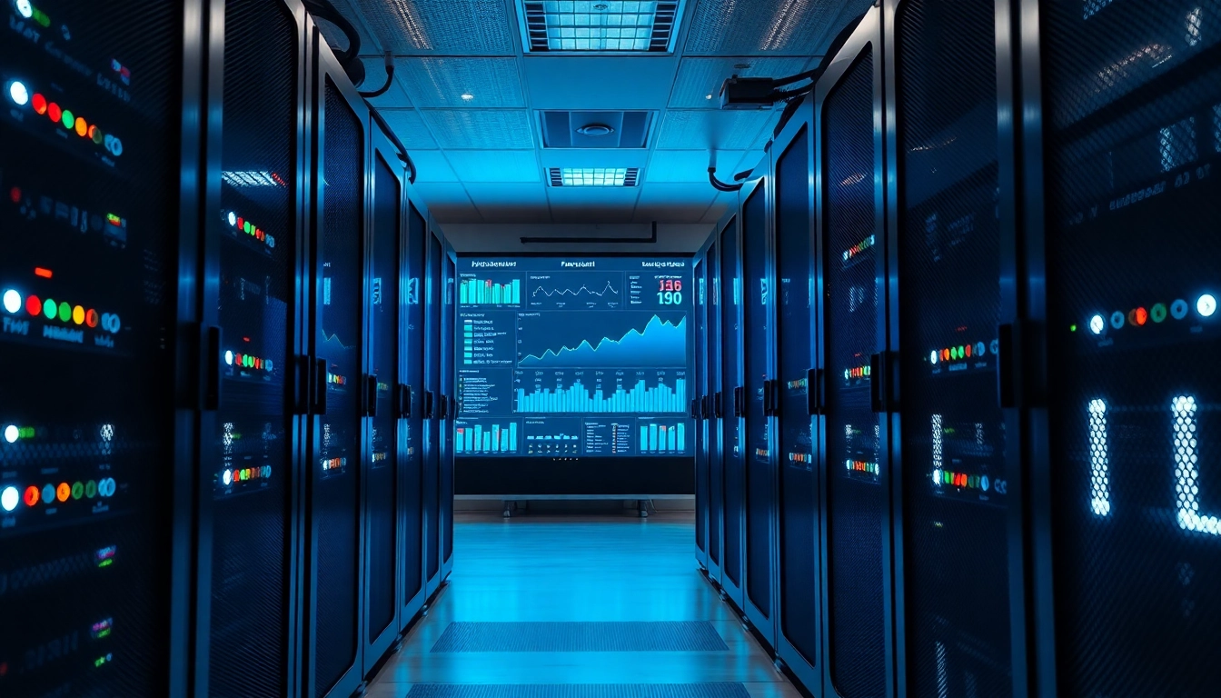 Showcasing Bluehost web hosting technology in a modern server room with digital dashboards.