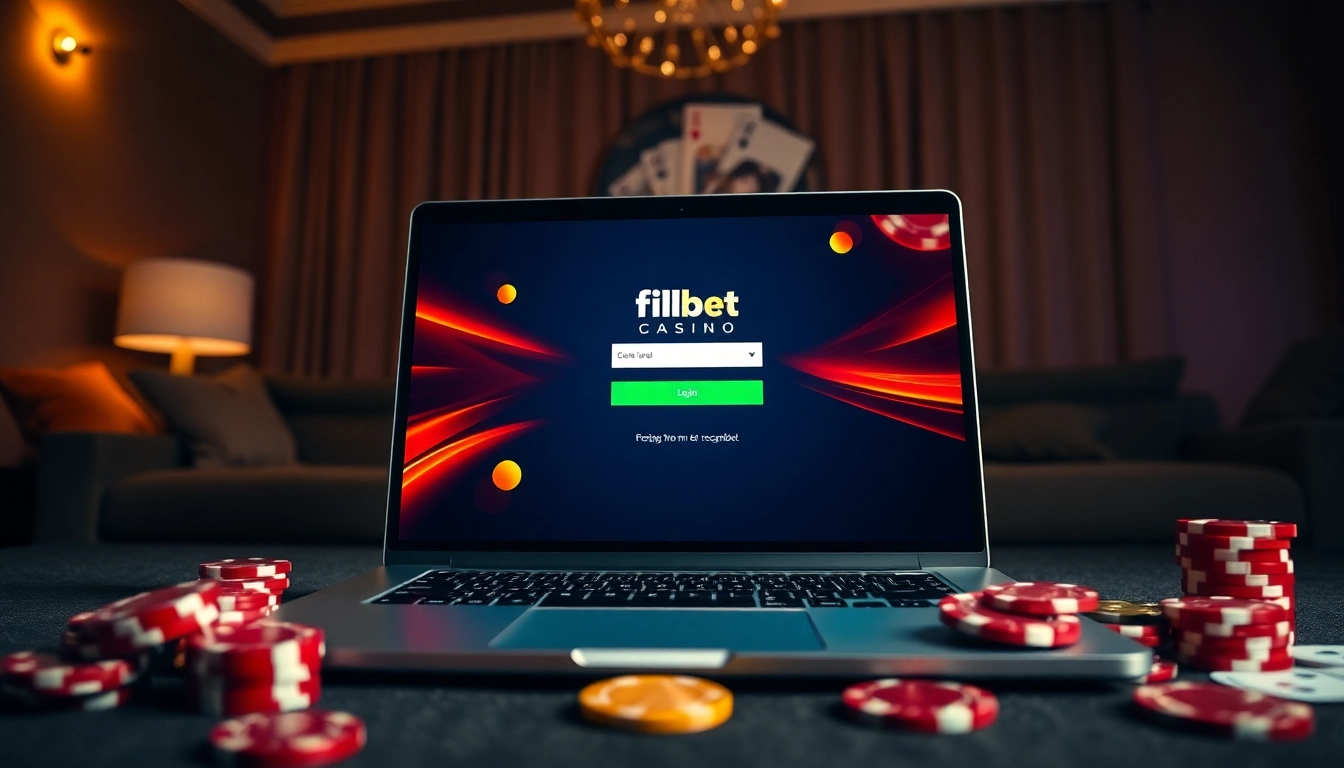 Access the filbet login page on a sleek laptop with casino decor, inviting an engaging gaming experience.